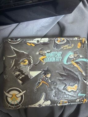 Overwatch Tracer Themed Leather Bifold Wallet - Black with Teal & Yellow Accents